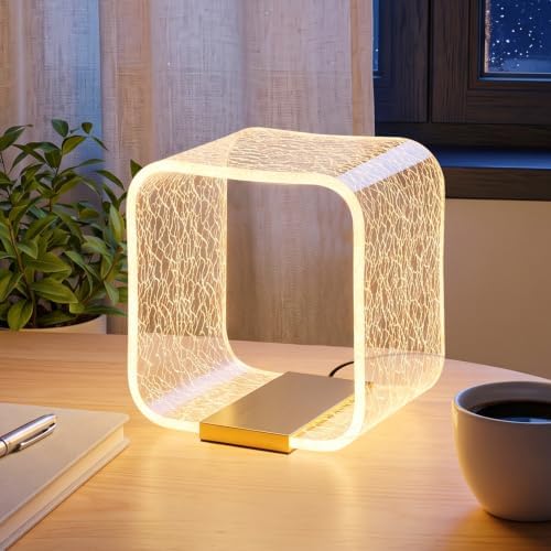 Acrylic Bedside Lamp, Square Starry Effect LED Desk Lamp with Button Switch, Eye-Caring Table Lamp for Bedroom, Nightstand, Dorm, Office and Living Room by Unknown