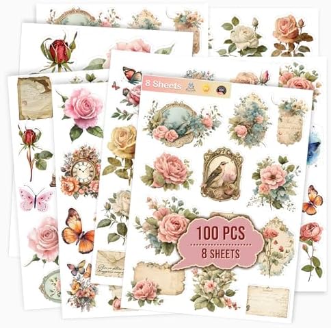 100+PCS (8 Sheet) Vintage Rose Stickers Scrapbooking Junk Journal Supplies, Shabby Pink Stickers Set Scrapbook Floral Sticker for Planner Album Diary Letter Envelope by TSHIRTAMAZING