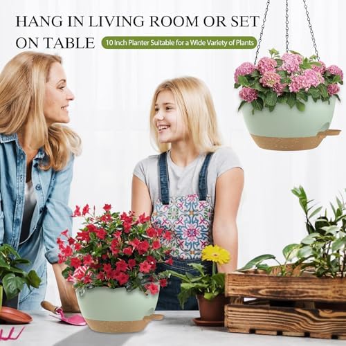 10 Inch Hanging Baskets 2 PC with Chains, Self-Watering Hanging Planters for Indoor Outdoor Plants, Plastic Hanging Flower Pots,Green Brown - Image 6