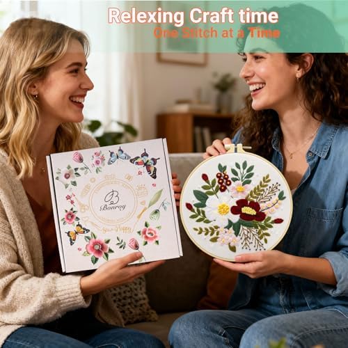 Bonroy 4 Sets Embroidery Set for Beginners Art Crafts Easy Sewing Includes Embroidery Clothes with Pattern, Hoop, Instruction Manual, Color Stitch Set (Assorted 1) - Image 5