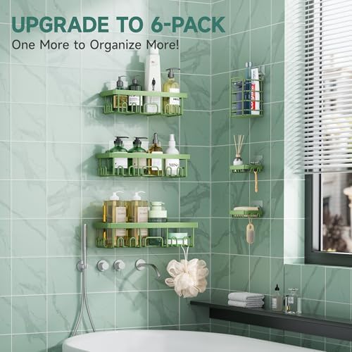 Veken Rustproof & Waterproof Shower Caddy 6-Pack, No Drilling Adhesive Shelves Rack with Soap Holder, Large Capacity Bathroom Organizers and Storage, Wall-Mounted Kitchen & Home Decor, Green - Image 6