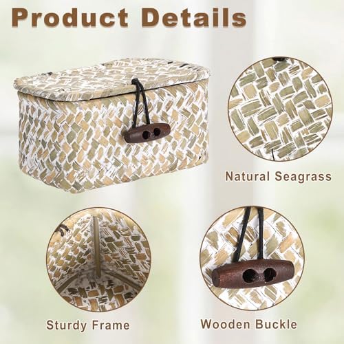 Hipiwe Wicker Shelf Basket Box with Lid Decorative Basket Handwoven Seagrass Storage Organizer Basket Decorative Basket, Whitewas 4.3" x 2.5" x 2.1" - Image 6