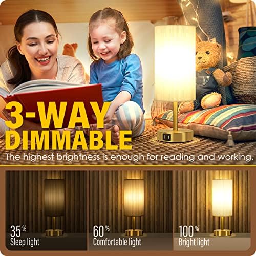 Bedside Lamp with USB port - Touch Control Table Lamp for Bedroom Wood 3 Way Dimmable Nightstand Lamp with Round Pleated Shade for Living Room, Dorm, Home Office (LED Bulb Included) (Pleated) - Image 2