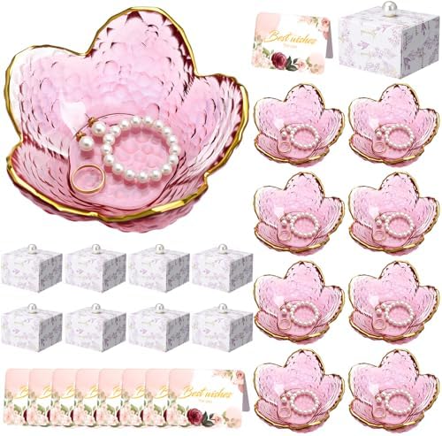 Quelay 8 Set Pink Flower Ring Dish Jewelry Tray with Box Greeting Card by Quelay