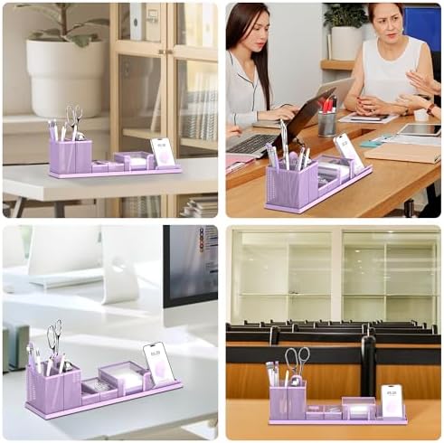 Pen Holder for Desk, 6-Piece Mesh Desk Organizer with Phone Holder, Purple - Image 7