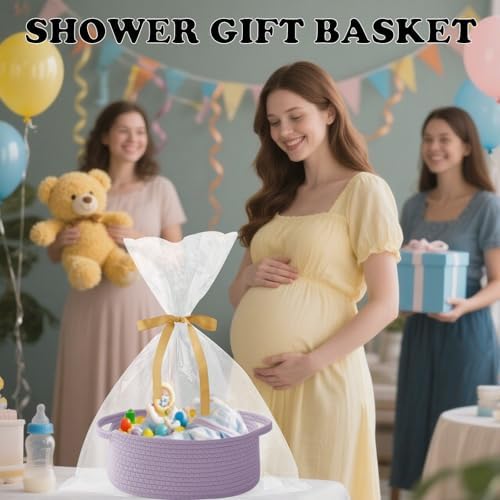 Purple Woven Rope Basket - Baby Gift Basket with Bag & Ribbon - Image 6
