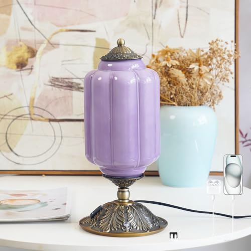 Vintage Milk Glass Table Lamp, 3-WayDimmable USB-C+A, Bedroom DeskLamps by Unknown