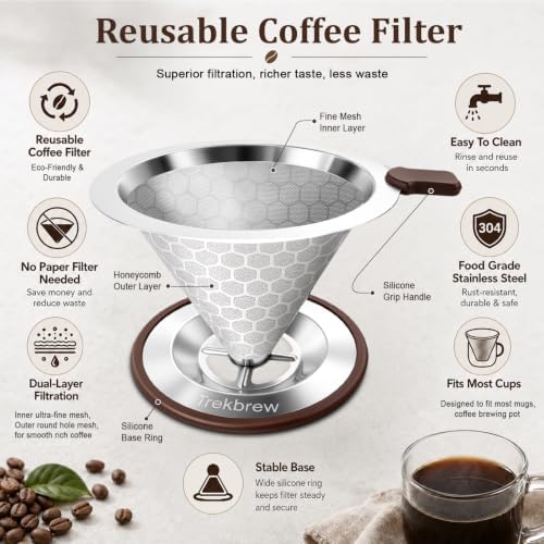 Pour Over Coffee Dripper, Stainless Steel Coffee Filter 600 Mesh Ultra-Fine,Paperless Reusable Coffee Filter,1-2 Cup Portable Single Serve Coffee Maker for Home Office Travel - Image 2