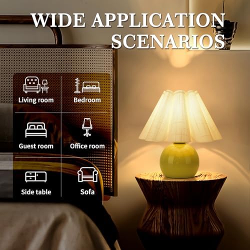 Ziqqeelam Green Small Bedside Mini Table Lamp for Bedroom, Cute Bedroom Lamps for Nightstand, Cute Mini Table Lamps for Small Spaces with Scalloped Shade for Kitchen Counter, Bookshelf, Kids Dorm - Image 3