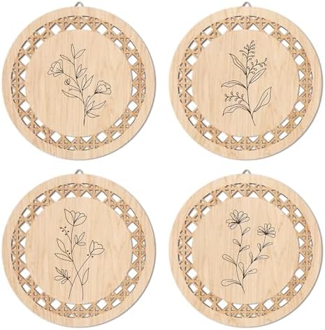 HPNIUB Minimalist Floral Wall Decor, Farmhouse Line Botanical Hanging Wooden Sign Wall Art, 4 Pieces 9.8''x9.8'' Aesthetic Flowers Leaf Wood Plaque, Modern Neutral Pictures for Living Room Office by HPNIUB