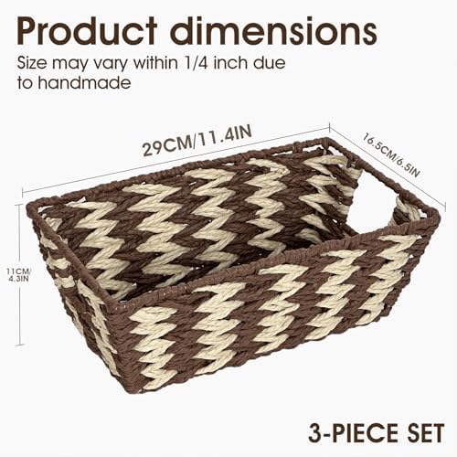 Paper Rope Storage Baskets for Shelves Organizing, Small Hand Woven Wicker Organizer Basket with Handle for Bathroom Toilet Paper Storage, Beige and Brown, 3-Pack - Image 2