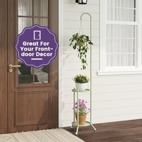 2-Tier Metal Plant Stand with Hanging Hook,Green - Image 7