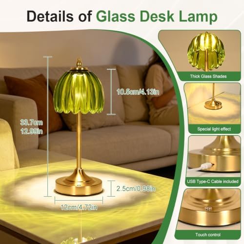 Glass Tulip Table Lamp, Cordless Rechargeable Desk Lamp - Green - Image 5