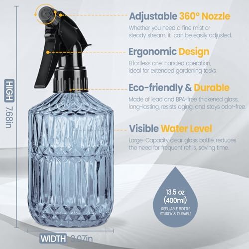 Glass Plant Mister Spray Bottle, 13.5 oz Refillable Plant Misters for Inside, Pretty Glass Spray Bottles for Cleaning, Hair, Cat, Succulent, Houseplant with Adjustable Mist Nozzle (Blue) - Image 2