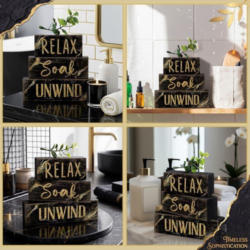Moucuny 4 Pcs Black Gold Bathroom Signs Relax Soak Unwind Wooden - Image 4