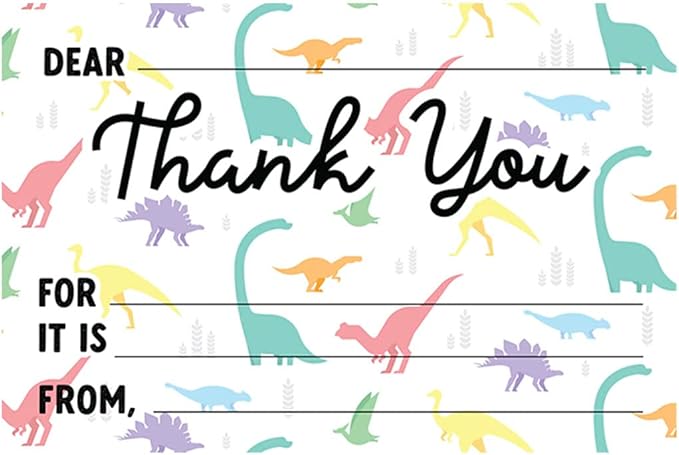 Andaz Press Kids Fill in the Blank Thank You Cards - 20 Cards Including Envelopes Colorful Dinosaur Fun Gender Neutral Note Cards For Boys or Girls, Thank You Notes for Friends, Family, Party Guests