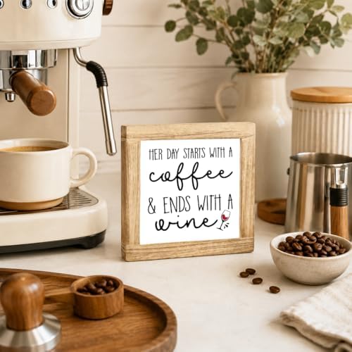 Coffee And Wine Wood Sign, Her Day Starts With Coffee Ends With Wine Plaque, Funny Kitchen Bar Decor, Rustic Shelf Accent For Countertop Dining Room Home Office, 5.9 x 5.9 in - Image 4