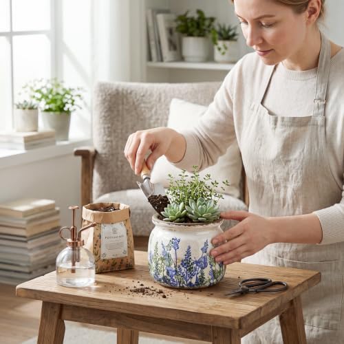 Vintage Planter for Indoor Plant, Ceramic Pot with Drainage Hole - Image 6