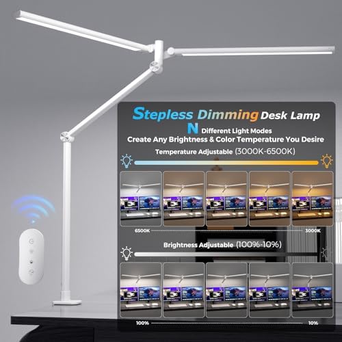 Airlonv LED Desk Lamp, Double Swing Arm Wide Lighting Area Desk Lamps for Home Office with Stepless Dimming, Eye-Caring Architect Desk Light with Clamp for Reading, Study, Workbench, Drafting(White) - Image 2