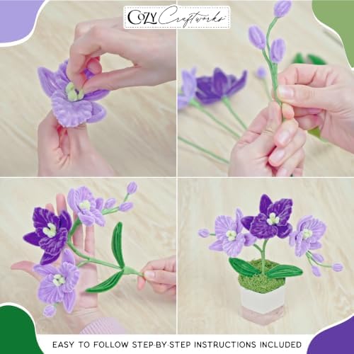 WeVeel Cozy Craftworks Potted Orchid and Small Bouquet Chenille Stem Craft Kit Bundle for Teens & Adults – Mindful DIY Plant Craft, Tactile Pipe Cleaner Art Kit with QR Video Tutorials - Image 6