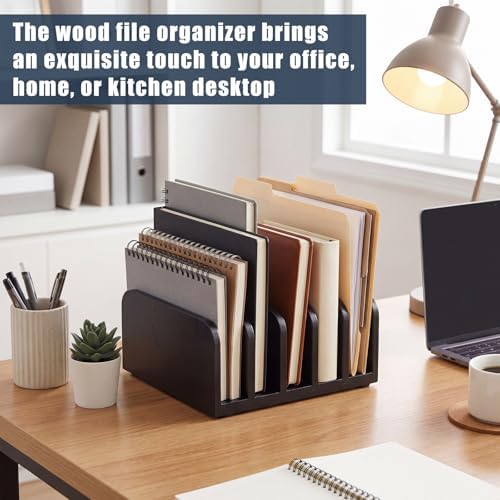 Lineshading Bamboo Letter Organizer, 5 Compartments Desk Mail Organizer, Desktop Envelope Holder and Letter Sorter, Countertop Paper File Holders with Anti Slip Mat for Home Office(Black) - Image 2