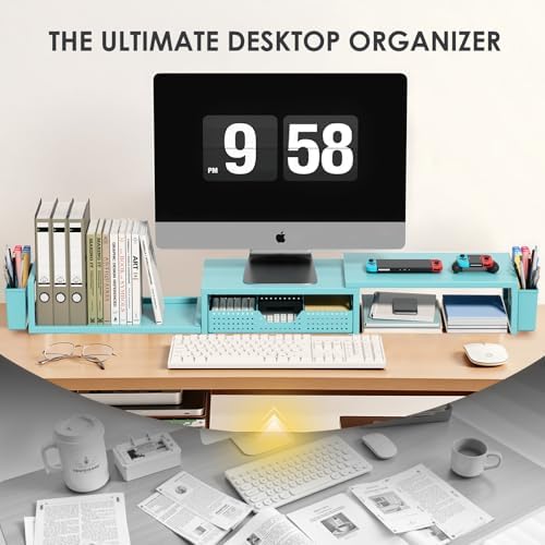 Desk Organizers and Accessories, Dual Monitor Stand Riser with Drawer and 2 Pen Holders, Desk Shelf Printer Stand for Office Workspace Organizers, Desktop Organization (Blue) - Image 6