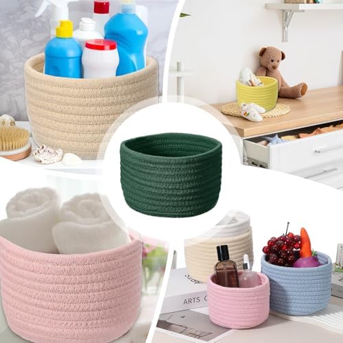 uxcell Green Small Cotton Rope Woven Storage Basket, Shelf Closet Storage Gift Woven Baskets Cute Nursery Box Bin Decor Organization Bin for Home Supply, Round, 6.3x4.4 - Image 6