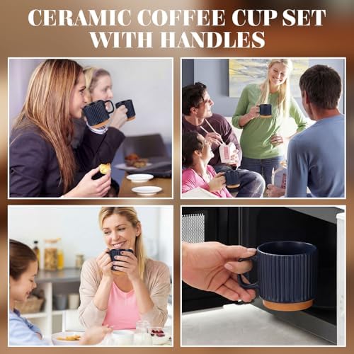 6 Set 8.8 oz Ceramic Coffee Mugs with Gold Spoons, Dark Blue - Image 5
