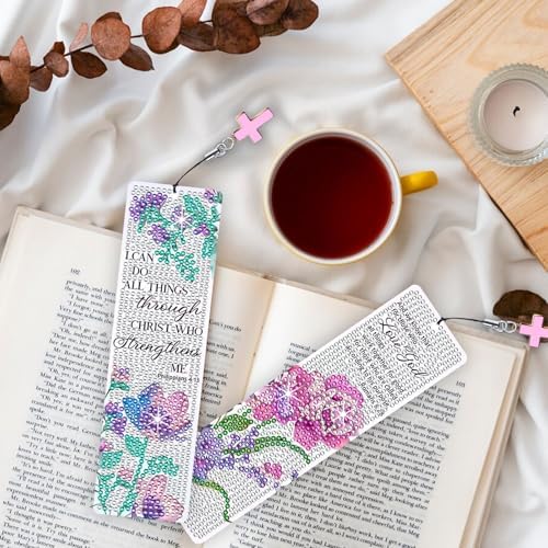 8PCS Diamond Painting Art Bookmarks,Cute Acrylic Bookmarks Crafts Kits Gifts with Pendants for Adult Women Book Lovers (Flower) - Image 2
