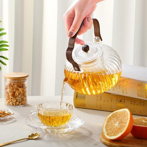 40OZ/1200ML Glass Pumpkin Teapot with Removable Infuser & Lid, Stovetop & Microwave Safe Clear Borosilicate Glass Tea Maker Water Kettle for Loose Leaf Blooming Tea - Image 5