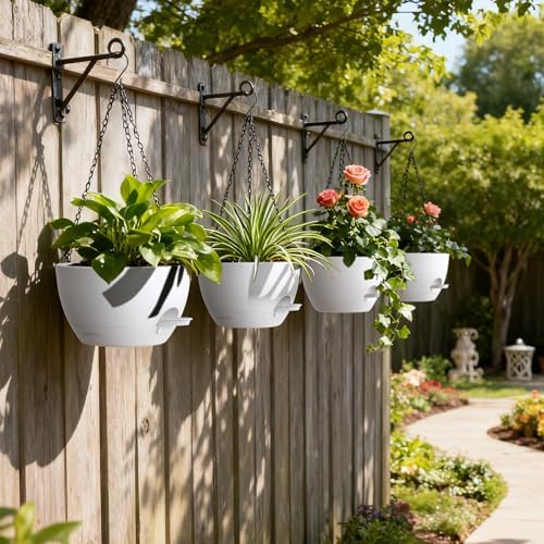 UOUZ 4 Pack 8 Inch Self Watering Hanging Planters for Indoor Outdoor Plants，Hanging Pots for Plants with Drainage Removable Tray, Hanging Baskets Flower Pots for Ivy Pothos Spider Garden Porch White - Image 2