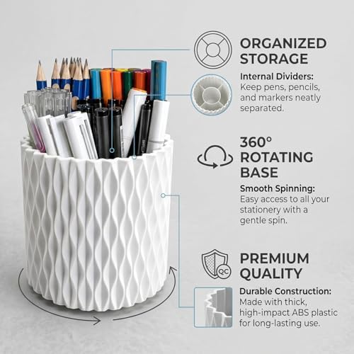 Lebenrich Rotating Pen Holder for Desk, 5 Slots Easthetic Pencil holder Desk Organizer Supplies and Accessories for Women Girls, Pencil Cup for Office Home Art Supply, White - Image 3