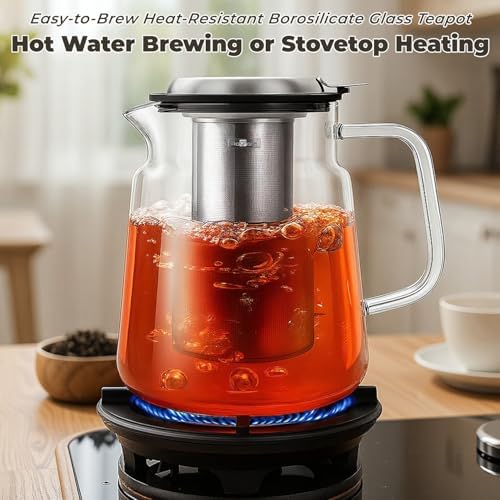 Aquach 57oz Glass Tea Pot with Infuser, Stovetop Safe Borosilicate Teapot - Image 3
