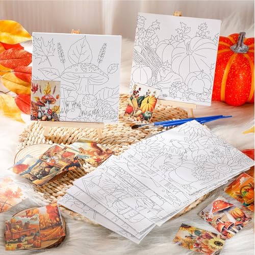 Teling 12 Pcs Fall Pre Drawn Stretched Canvas Kit for Adults Painting Pre Printed Canvas Outline for DIY Painting Party Favor, 6 x 6 x 0.6 Inches(Fall) - Image 5