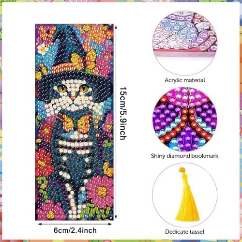 Puraikcmi 6 PCS 5D DIY Diamond Art Bookmarks Kit Cats Diamond Paintings Bookmarks Kits with Tassels Acrylic, Rhinestone Crafts Decoration Gift Set for Book Lovers Beginners & Adults - Image 3
