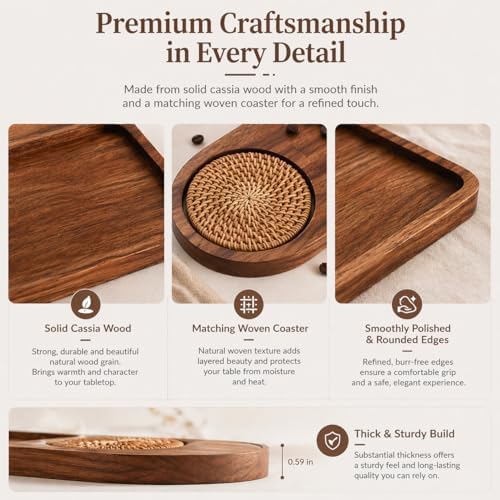 Wooden Coffee Cup Tray with Coaster Holder, Solid Cassia Wood Tea Tray with Snack Section, Cup and Snack Serving Tray for Desk, Bedside, Coffee Table - Image 5