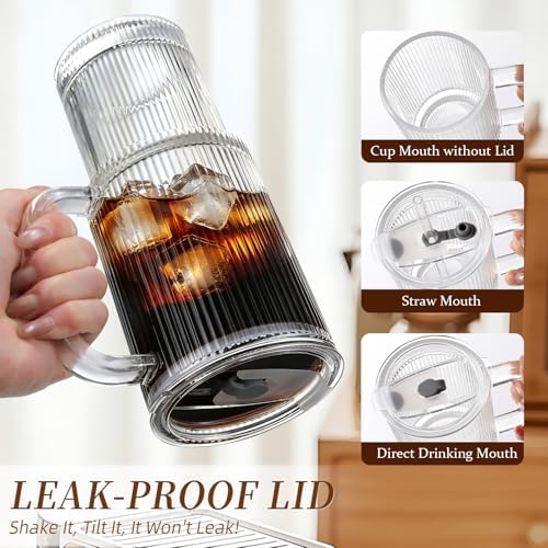 Iced Coffee Cups with Lids: Coffee Bar Accessories - Ribbed Glass Tumbler with Straw and Lid 4 Pack - 24oz Tumbler Leak Proof - Glass Cups Tumbler with Lid and Straws - Coffee Tumbler with Handle700ml - Image 5
