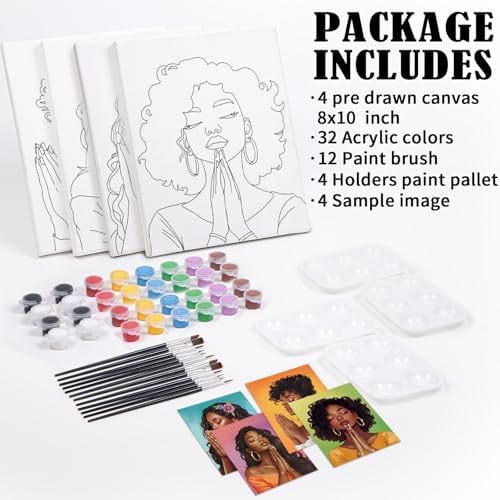 VOCHIC Sip and Paint Kit for Adults,Pre Drawn Canvas 4 Pack Painting Kit Party Girls Night Games Couples Paint Art Set Pray Girl 8x10 in - Image 5