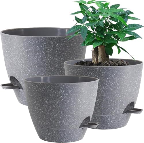 UOUZ Large Self Watering Pots, 12/10/9 Plastic Planters with High Drainage Holes and Deep Reservoir for Indoor Outdoor Garden Plants and Flowers, Grey Speckles by UOUZ