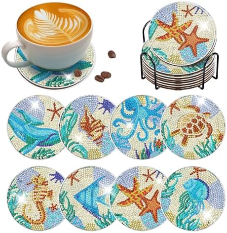 8 Pcs Ocean Animal Shaped Diamond Painting Kits, Diamond Painting Kits with Holder Ocean Animal, Diamond Art Coasters for Beginners Adults - Perfect Art Craft Supplies Gift!… (Ocean Animal) by LGANHAPY