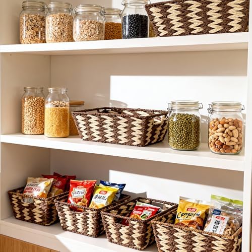 Paper Rope Storage Baskets for Shelves Organizing, Small Hand Woven Wicker Organizer Basket with Handle for Bathroom Toilet Paper Storage, Beige and Brown, 3-Pack - Image 5