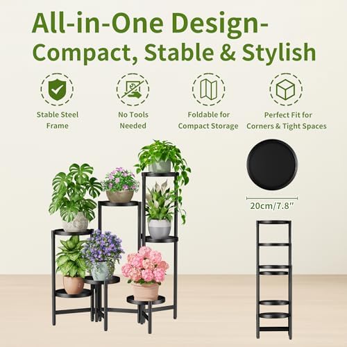 7 Tiers Plant Stand Indoor for Multiple Large Planter, Tall Tiered Folding Plant Rack Outdoor with Rustproof 10 Inch Wide Tray, Plant Shelf for Corner Living Room - BlackDisk - Image 5