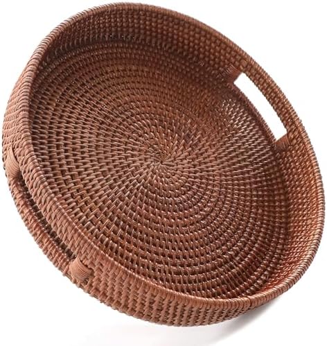 HITOMEN 14.2" Hand-Woven Round Rattan Serving Tray Decorative Ottoman Wicker Platter with Handles for Coffee Table, Breakfast, Drinks, Snack, Bread, Fruit, Vegetables (Brown - L) by HITOMEN