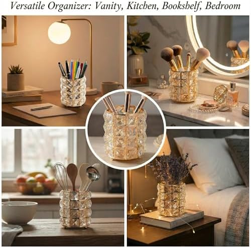 YAGELI Crystal Pen Holder for Desk, 3.58" Gold/Silver Pencil Cup - Image 3