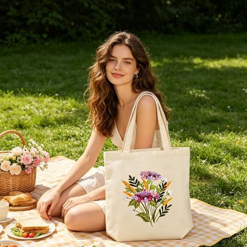 Vigdit Canvas Tote Bag Embroidery Kit for Beginners, Needlepoint Cross Stitch Kit for Adult Beginner, DIY Reusable Grocery Bags Embroidery Starter Kit with Stamped Floral Tools & Instructions - Image 4