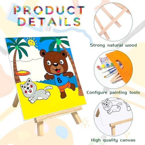 SytuHete 48PCS 12 Sets Printed Canvas Paint Art 12 Pcs Wooden Easel Set Paint Pots and Brushes and 12 Pre Drawn Canvas Panel 12 Pcs Mini Apron and Tote Bag for Kids(Classic) - Image 4