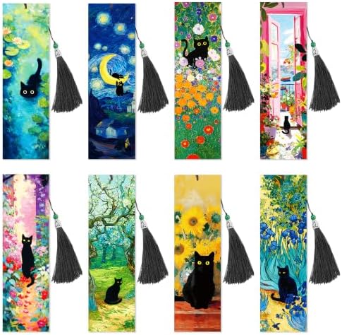 8 Pack Diamond Art Bookmark of Black Cat Oil Painting Design with Tassel by CRASHOT