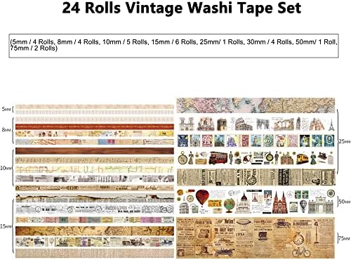 24 Rolls Vintage Washi Tape Set, Antique Car Buildings Map Stamp Stripe Writable Aesthetic Washy Decorative Tapes for Scrapbooking, Junk Journal Supplies, Bullet Journaling 5-75mm Wide (3m Long)/Roll - Image 3