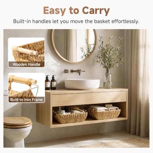 StorageWorks Hand-Woven Storage Baskets with Wooden Handles, Water Hyacinth Wicker Baskets for Organizing, 2 Pack - Image 4