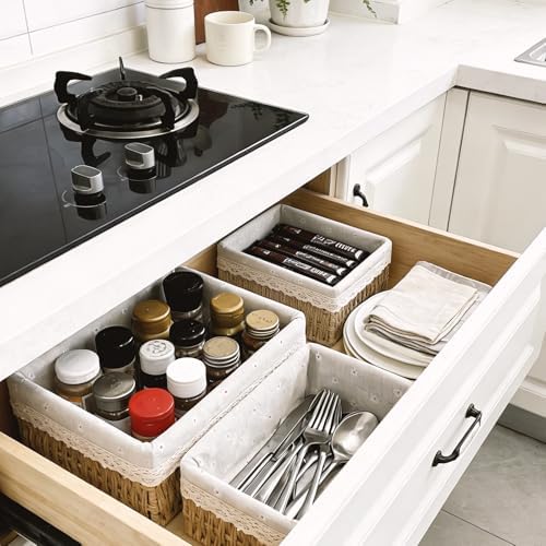 Large Wicker Storage Basket with Liner, Hand-Woven Paper Rope Rattan Organizer Bin for Pantry, Countertop, Bathroom, Bedroom, Shelves (Beige, L) - Image 4